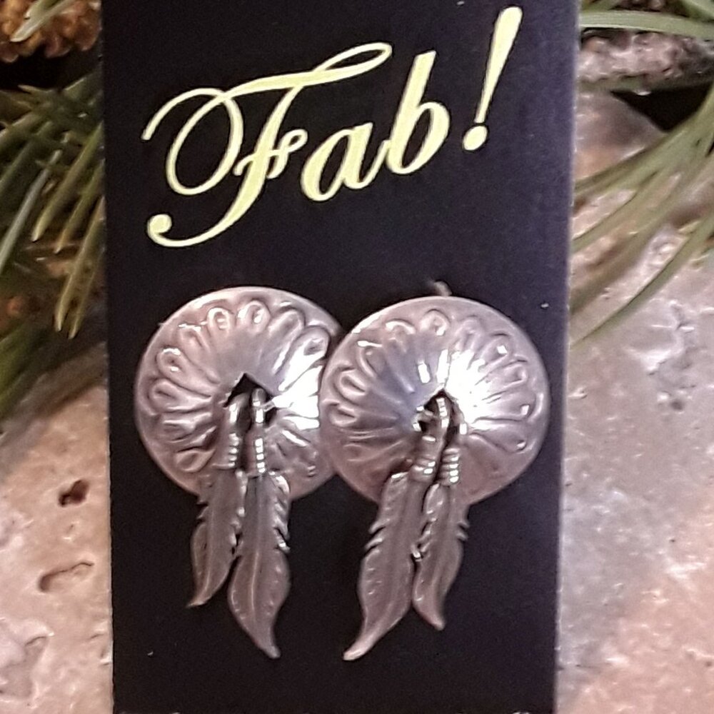 Native American Navajo Sterling Disks w Feather Dangles Post Earrings